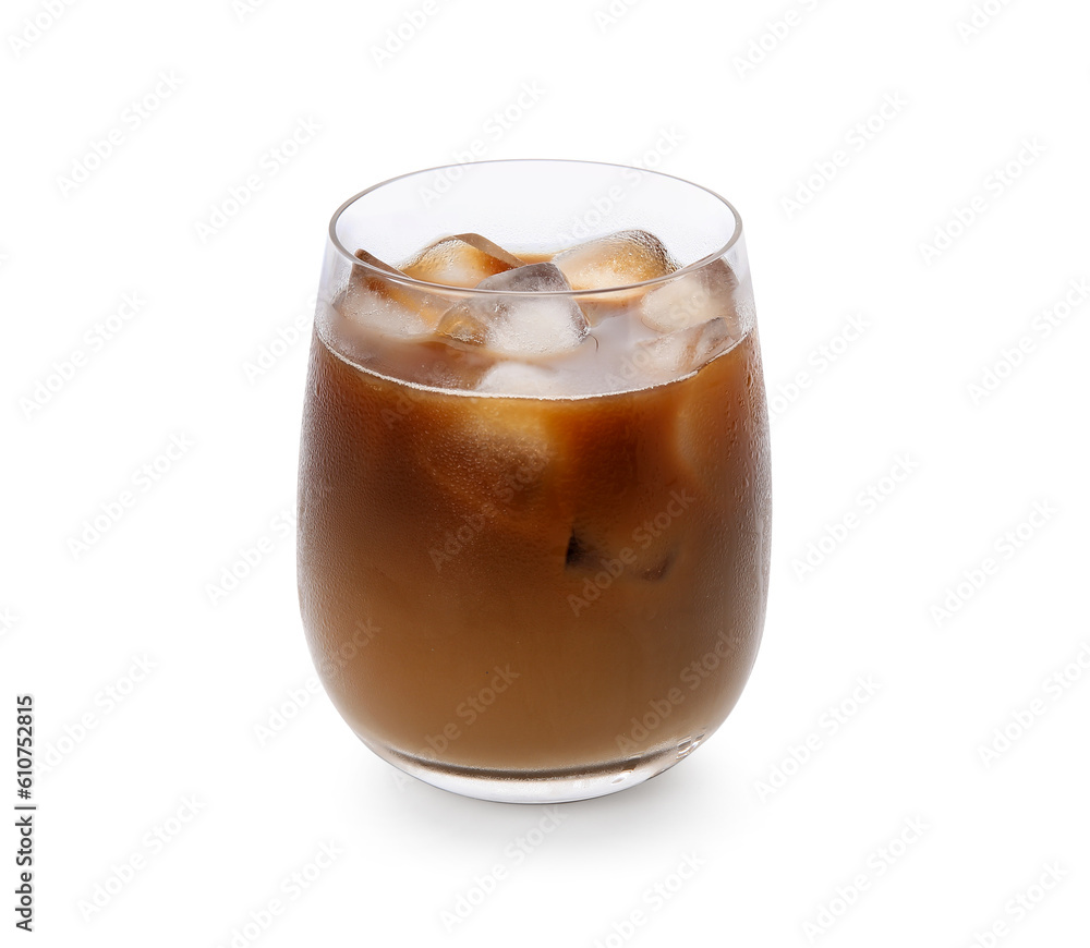 Glass of tasty ice coffee on white background