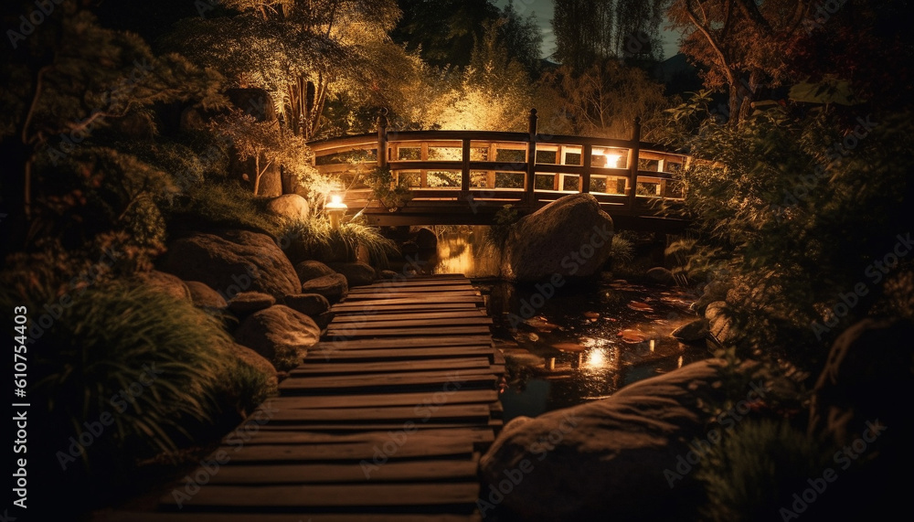 Tranquil scene of an illuminated bridge over a dark pond generated by AI