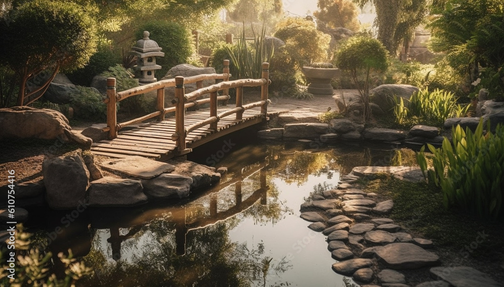 The tranquil scene of a pond reflects the beauty in nature generated by AI