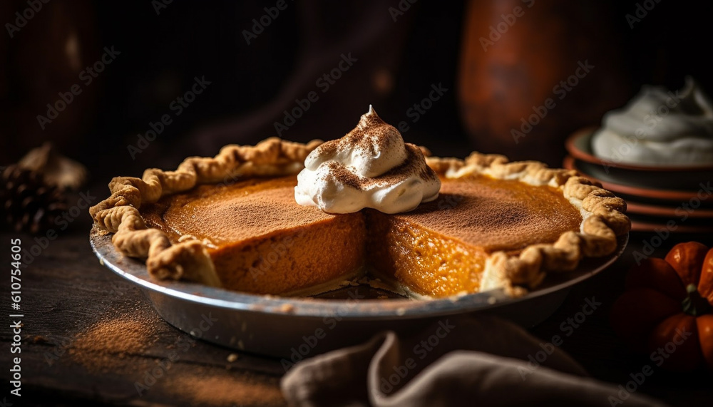 Freshly baked pumpkin pie with whipped cream on rustic table generated by AI