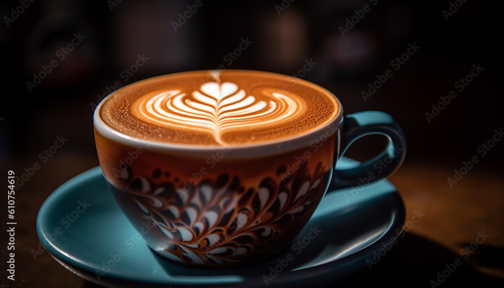 Frothy coffee cup on wood table, caffeine addiction in cafe generated by AI