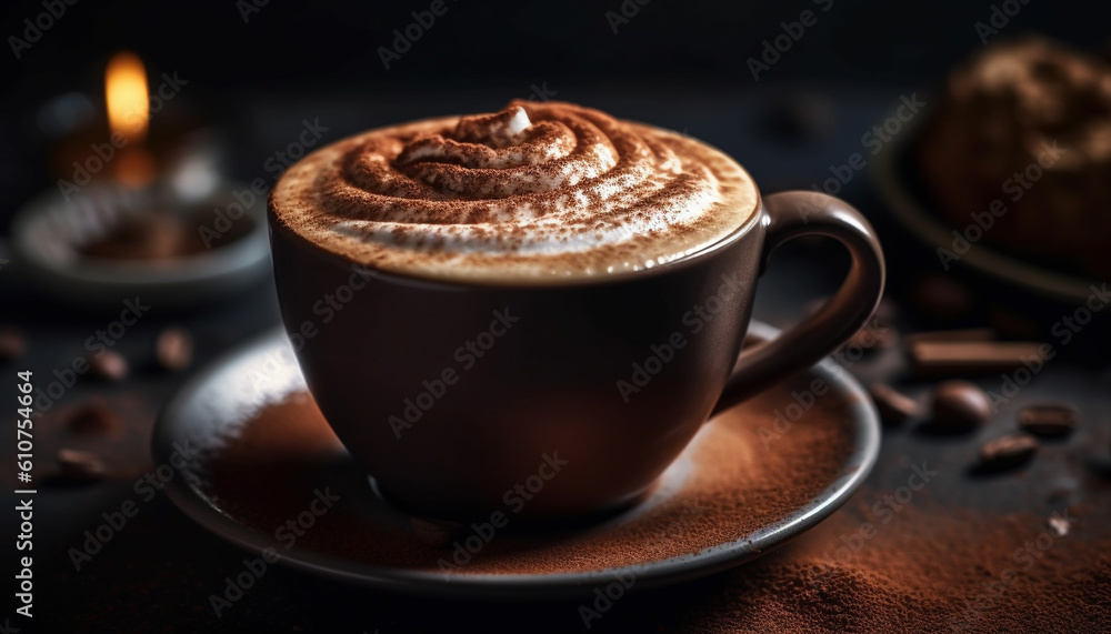 Freshly brewed coffee in a rustic coffee shop with frothy foam generated by AI