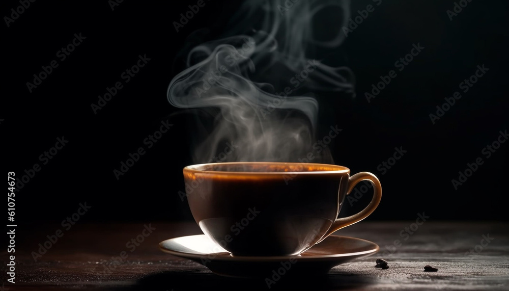 Dark elegance steam rises from fresh black coffee on wooden table generated by AI