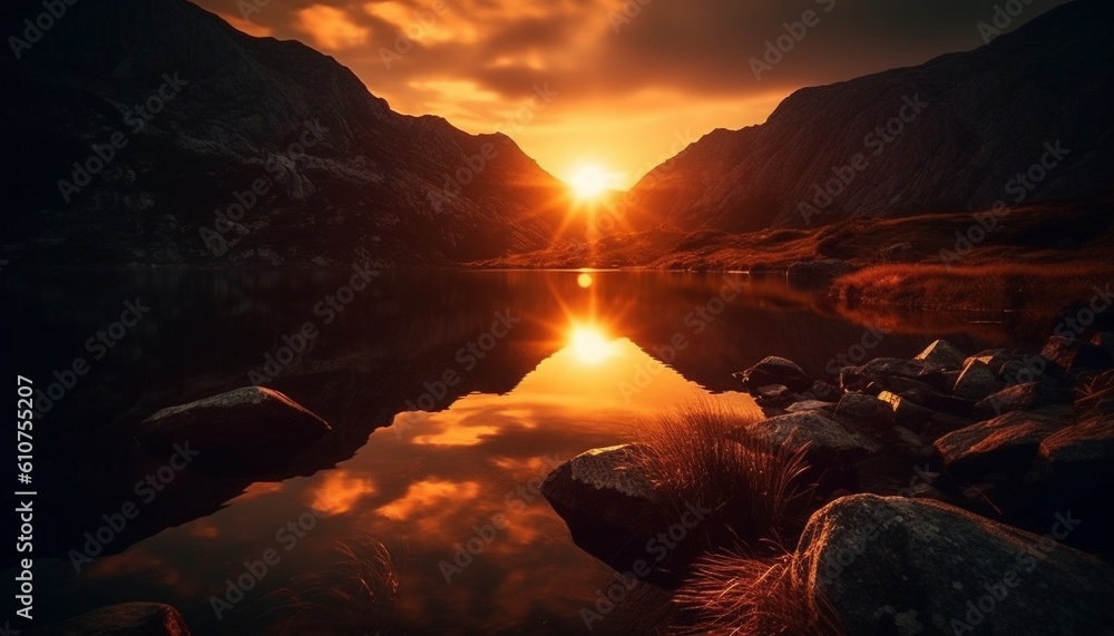 Mountain peak reflects tranquil sunset, majestic beauty in nature generated by AI