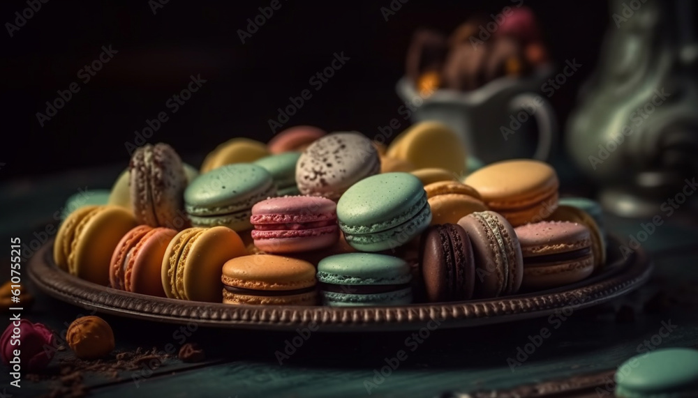 French gourmet macaroon dessert a sweet, colorful indulgence on plate generated by AI