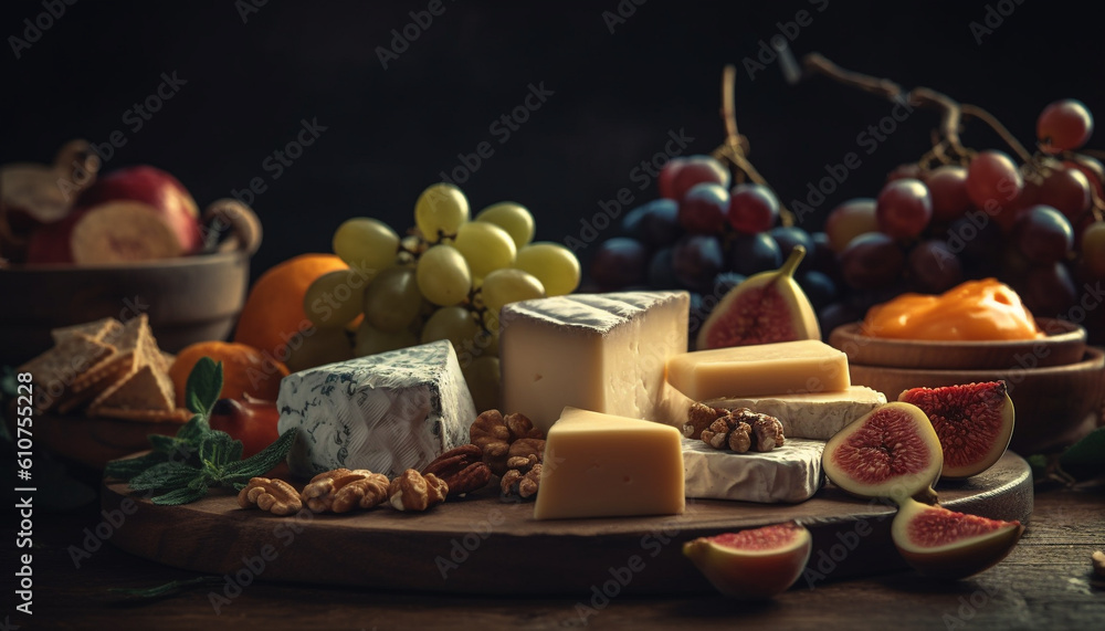 A rustic gourmet cheese plate with fresh fruit and wine generated by AI