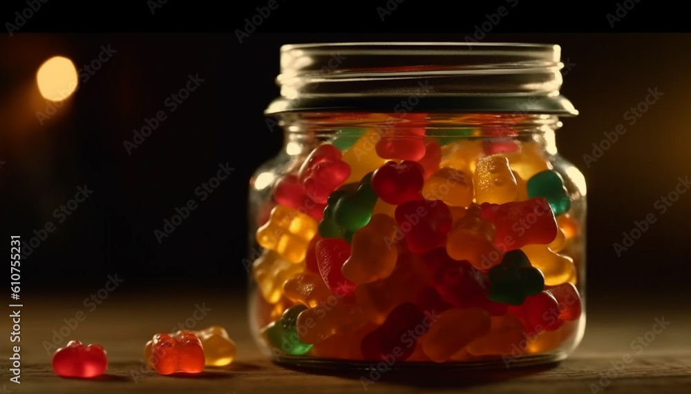 A colorful jar of candy and snacks, a childhood indulgence generated by AI