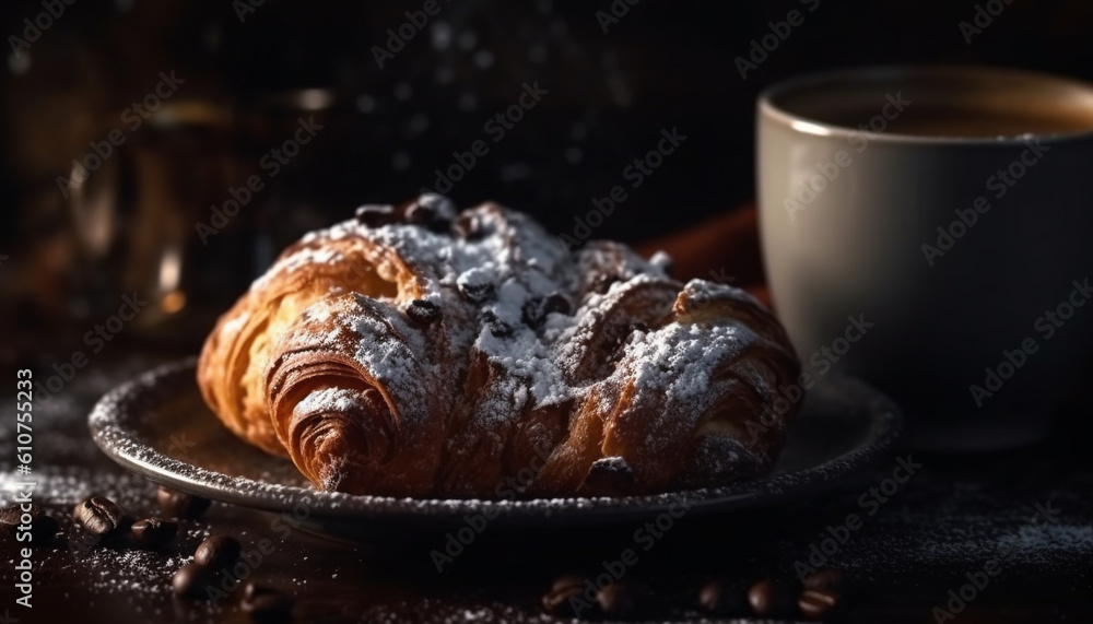 Freshly baked croissant and sweet bun on rustic wooden table generated by AI