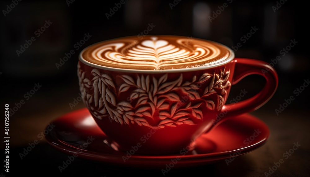 Frothy cappuccino in coffee cup on table at coffee shop generated by AI