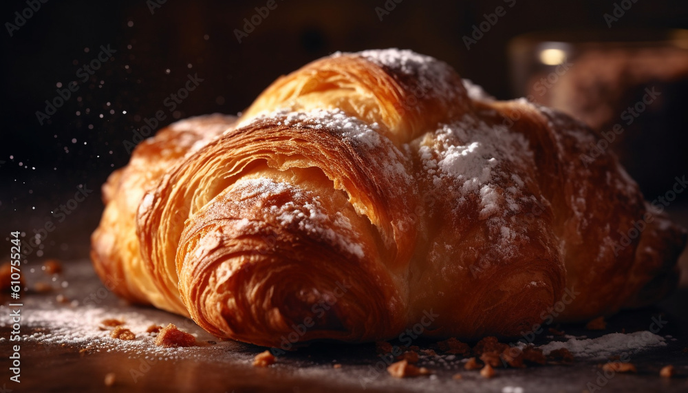 Freshly baked croissant, a sweet French pastry ready to eat on wooden table generated by AI