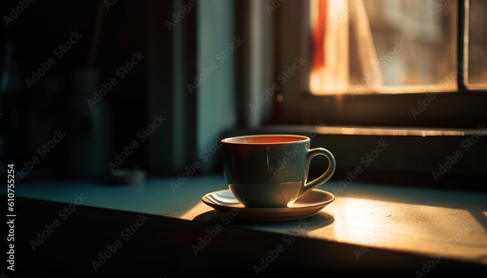 Hot latte in rustic coffee shop on wooden table near window generated by AI