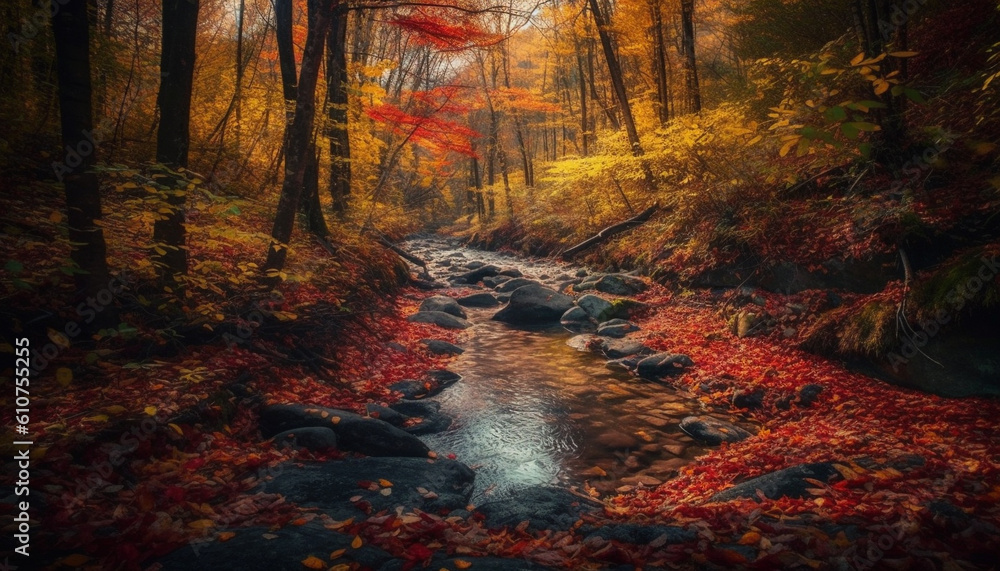 Tranquil autumn forest landscape, vibrant colors of yellow and orange generated by AI