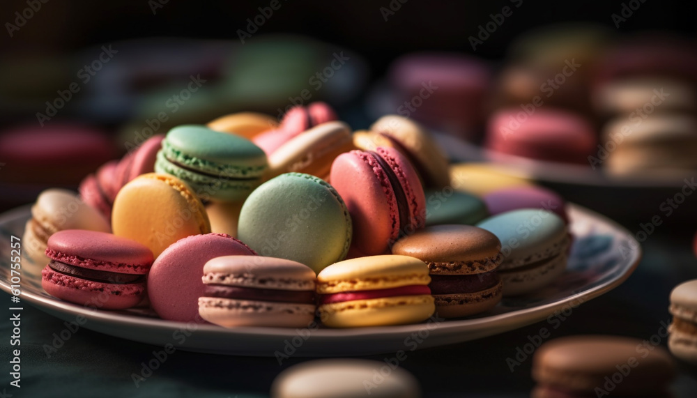 A stack of colorful macaroons, a French gourmet dessert generated by AI