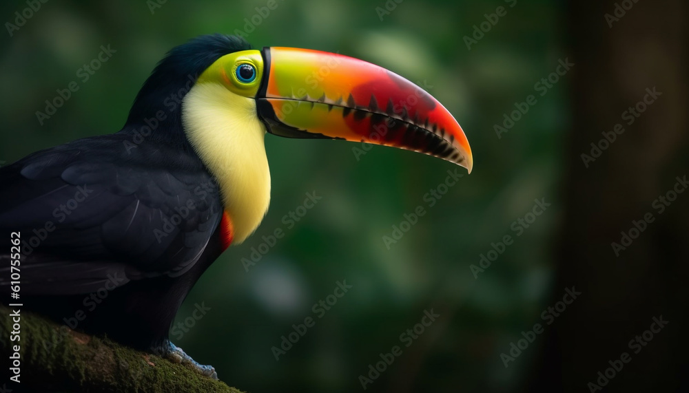 Vibrant toucan perching on green branch in tropical rainforest generated by AI