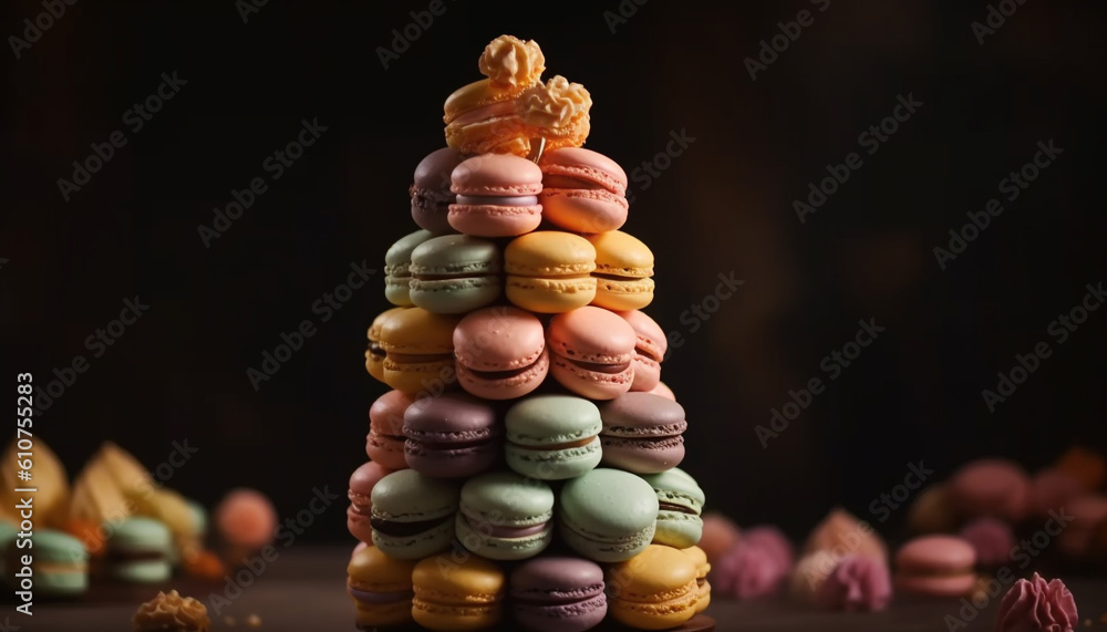 Multi colored macaroon stack, a French indulgence in a rustic arrangement generated by AI