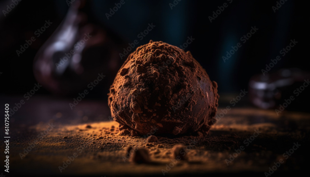 Dark chocolate truffle ball on rustic wooden table, gourmet indulgence generated by AI