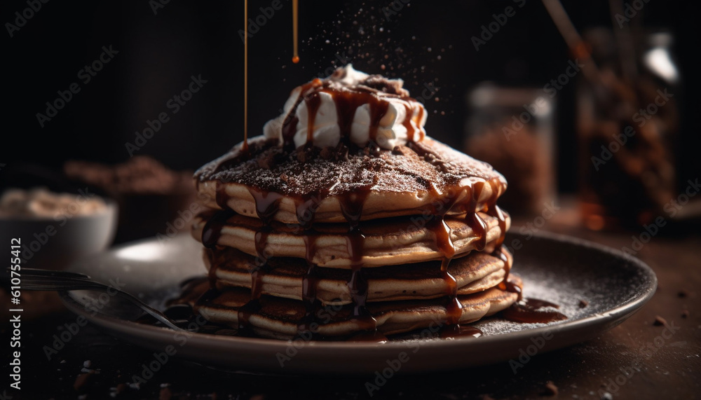 Stack of homemade pancakes with chocolate sauce and caramel syrup generated by AI