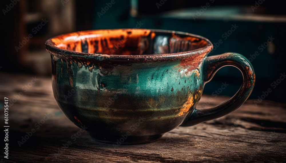 Rustic earthenware mug on old fashioned table in messy kitchen generated by AI