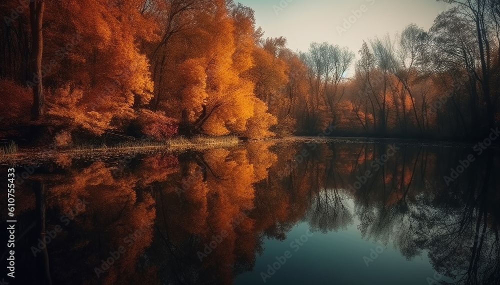 Tranquil autumn forest reflects vibrant colors in the tranquil lake generated by AI