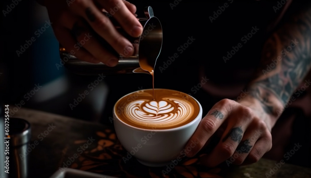 One adult holding a frothy latte, sitting at coffee shop generated by AI