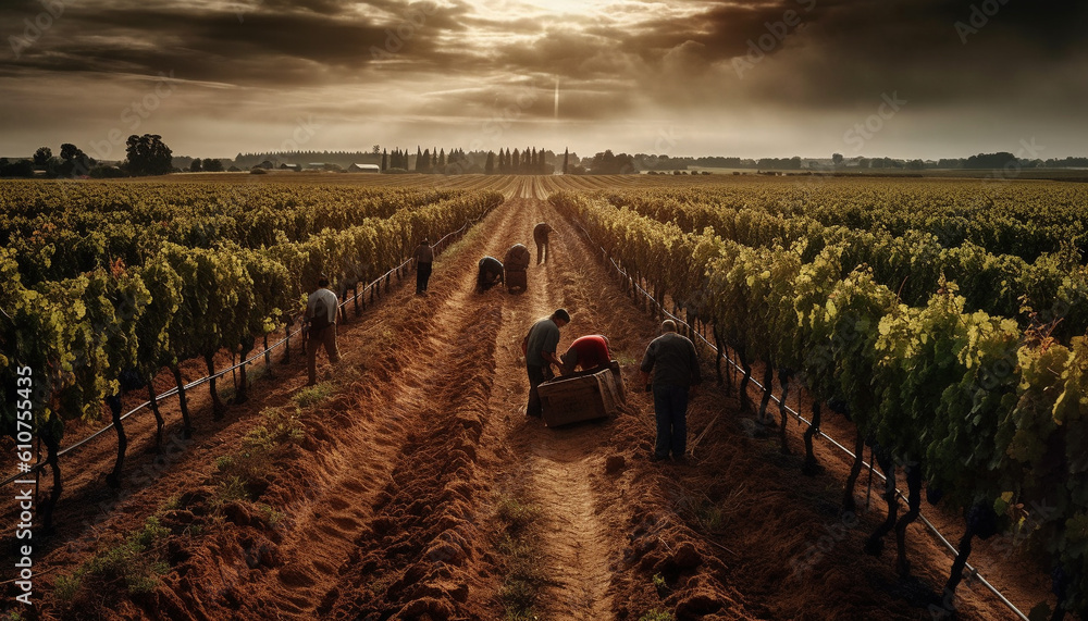 Sunset over vineyard, ripe grapes, farmer working in non urban scene generated by AI