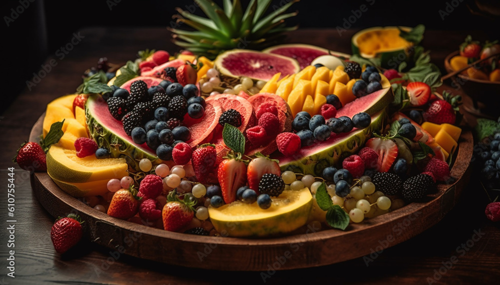 Healthy gourmet salad with multi colored berries on rustic wooden plate generated by AI