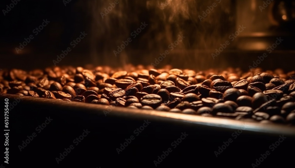 Fresh coffee bean drink on dark table, selective focus foreground generated by AI