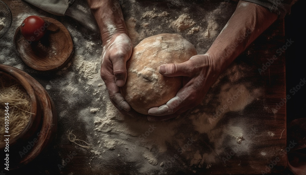 Handmade bread preparation on rustic wooden table with homemade dough generated by AI