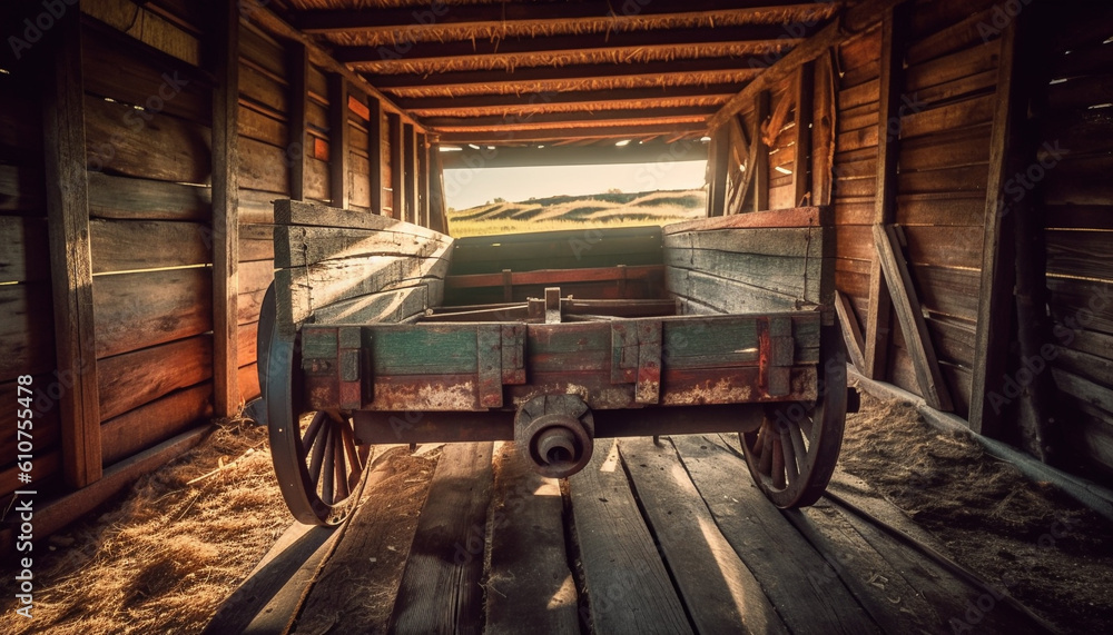 Rustic wheel cart on old plank fence in tranquil rural scene generated by AI