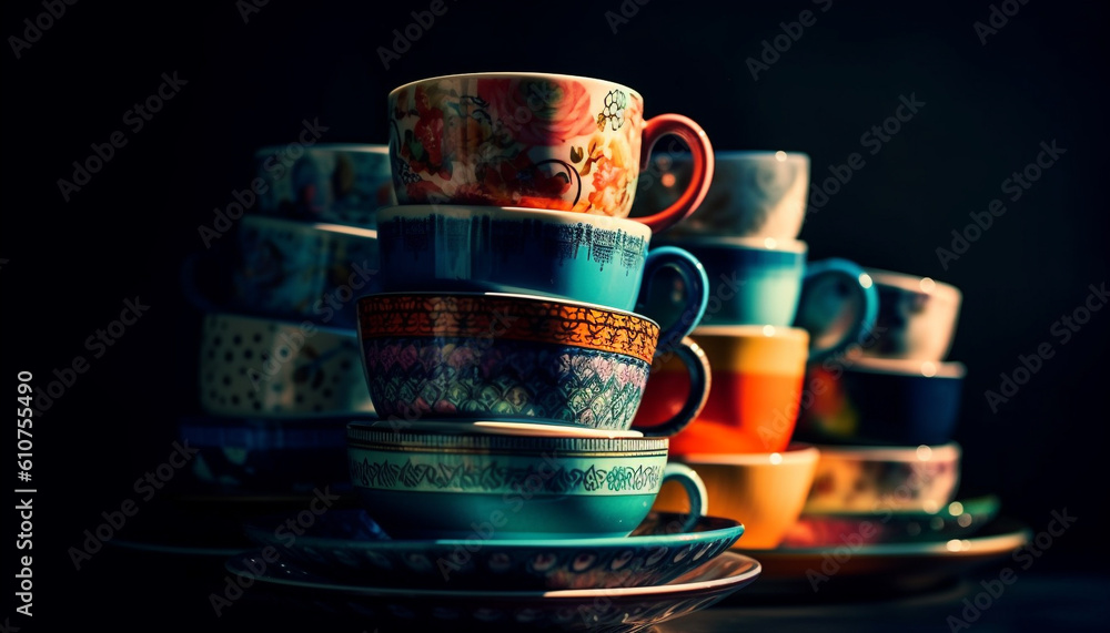 Multi colored ceramic coffee cups stacked on wooden table indoors generated by AI