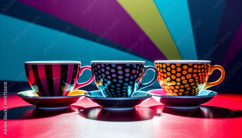 Multi colored coffee cup on wood table with saucer and liquid generated by AI