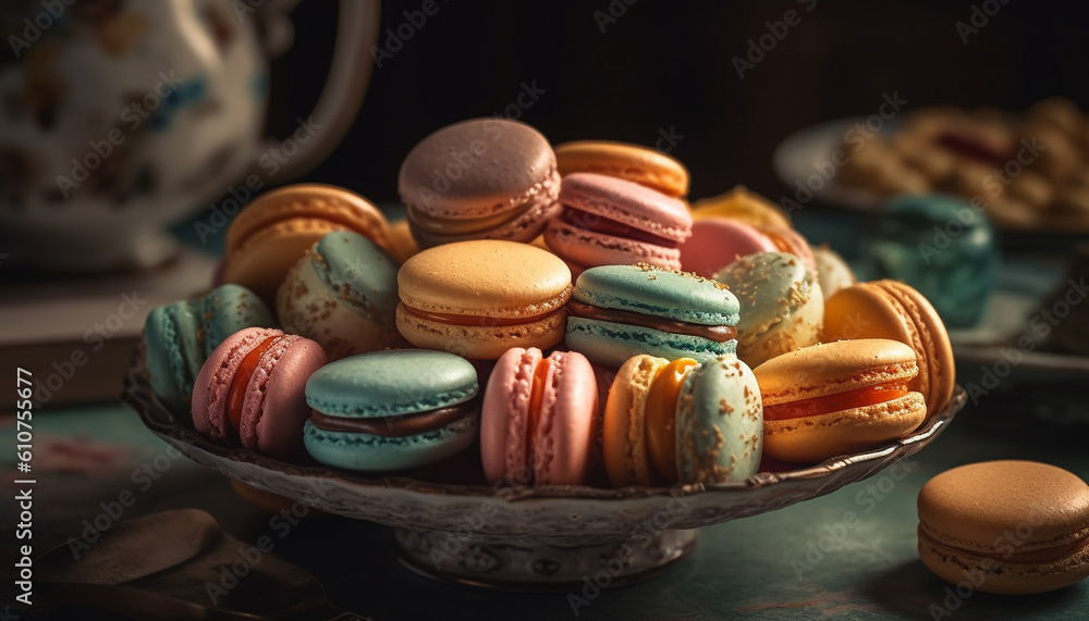 Stack of colorful French macaroons, a gourmet indulgence on rustic plate generated by AI