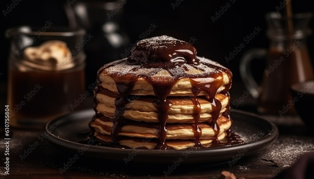 Homemade chocolate pancake stack with fruit and syrup on plate generated by AI