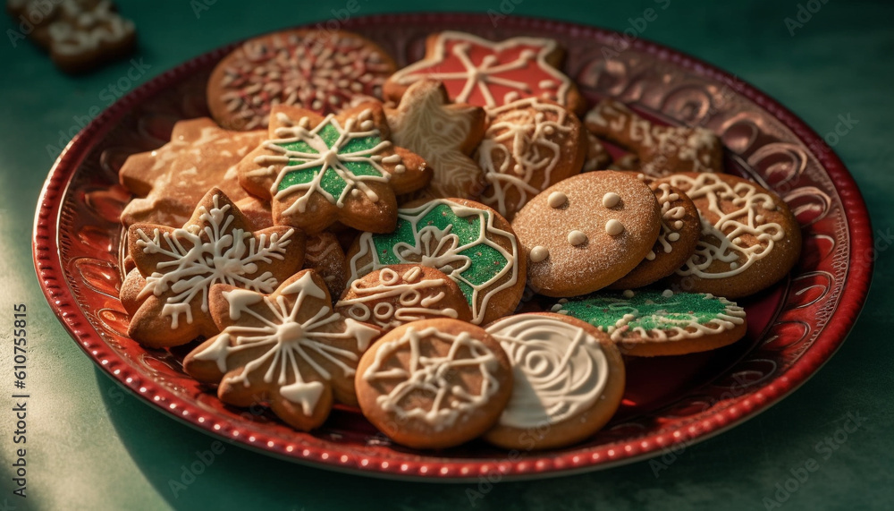 Homemade gingerbread cookies with icing and candy decoration on plate generated by AI