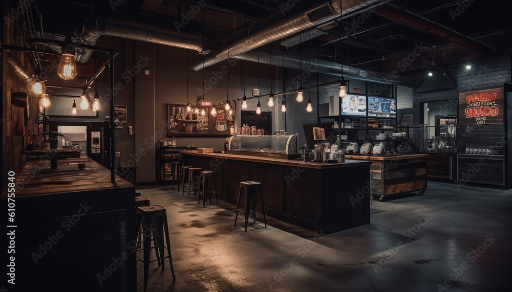 Modern bar design with steel and wood materials, illuminated inside generated by AI