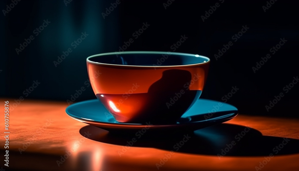 Hot coffee in blue mug on wooden plate, elegant still life generated by AI