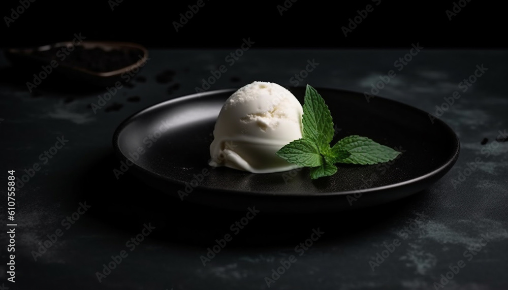 Gourmet dessert plate with fresh mint leaf and chocolate ball generated by AI