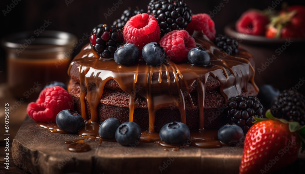 Indulgent homemade chocolate berry cheesecake on rustic wood table background generated by AI