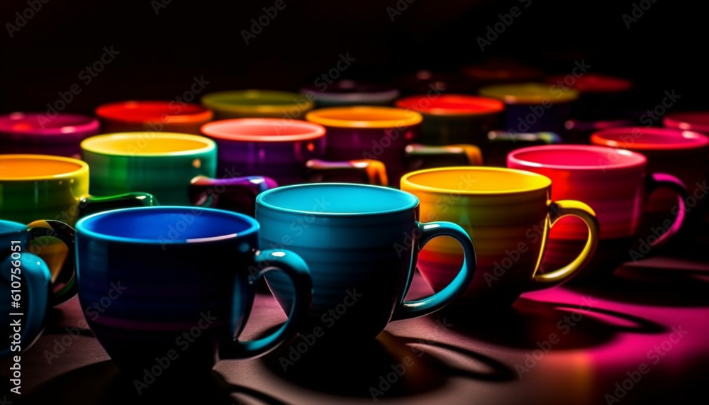 A vibrant collection of crockery in a row on table generated by AI