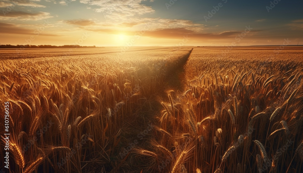 Golden wheat fields glow in tranquil sunset generated by AI