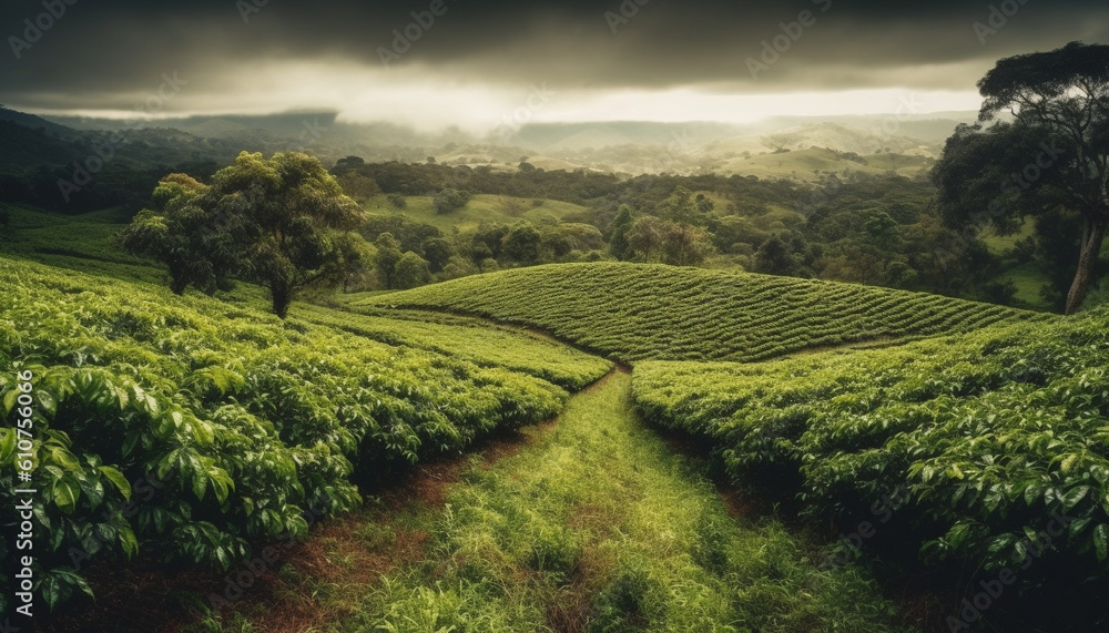 Tranquil tea farm nestled in Cameron Highlands idyllic mountain range generated by AI