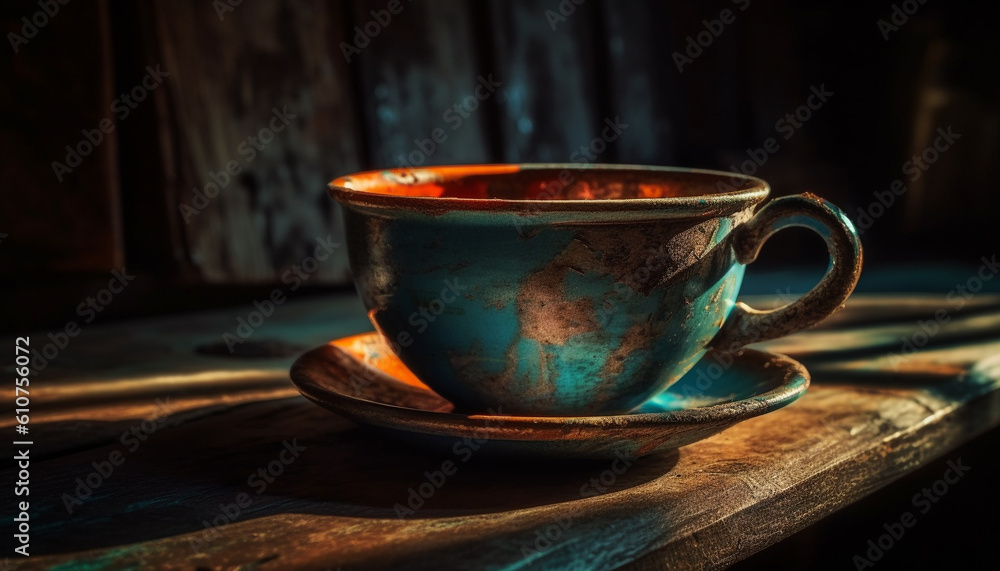 Rustic coffee table with dark mug and saucer generated by AI