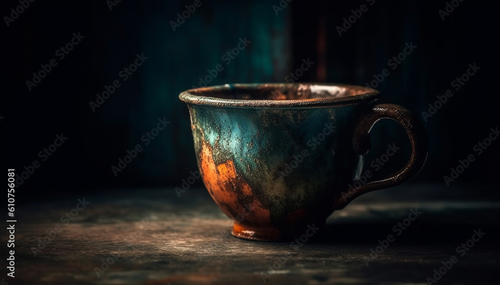 Rustic coffee mug on old wooden table with blue pottery generated by AI