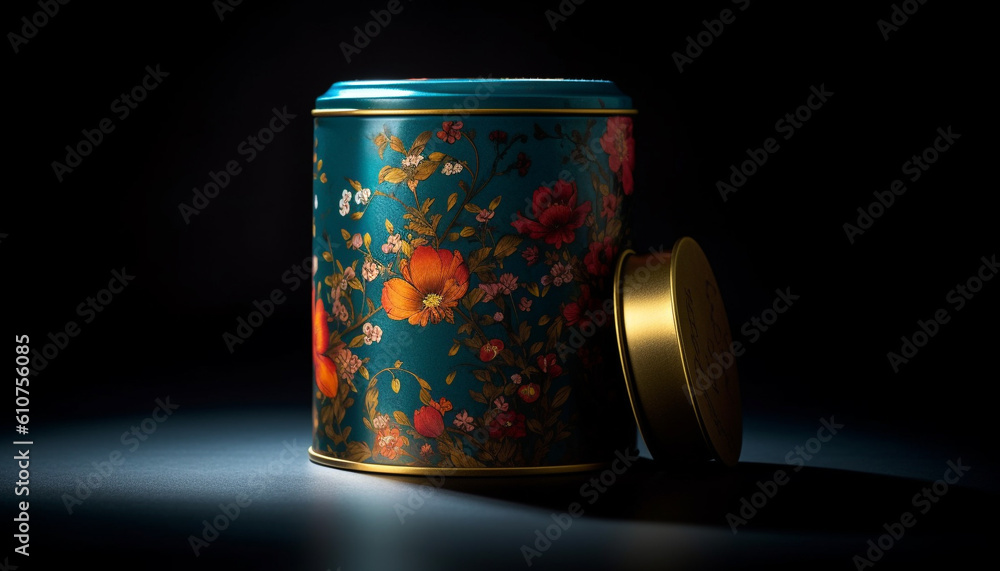 Antique vase on black background, ornate design, gold handle generated by AI