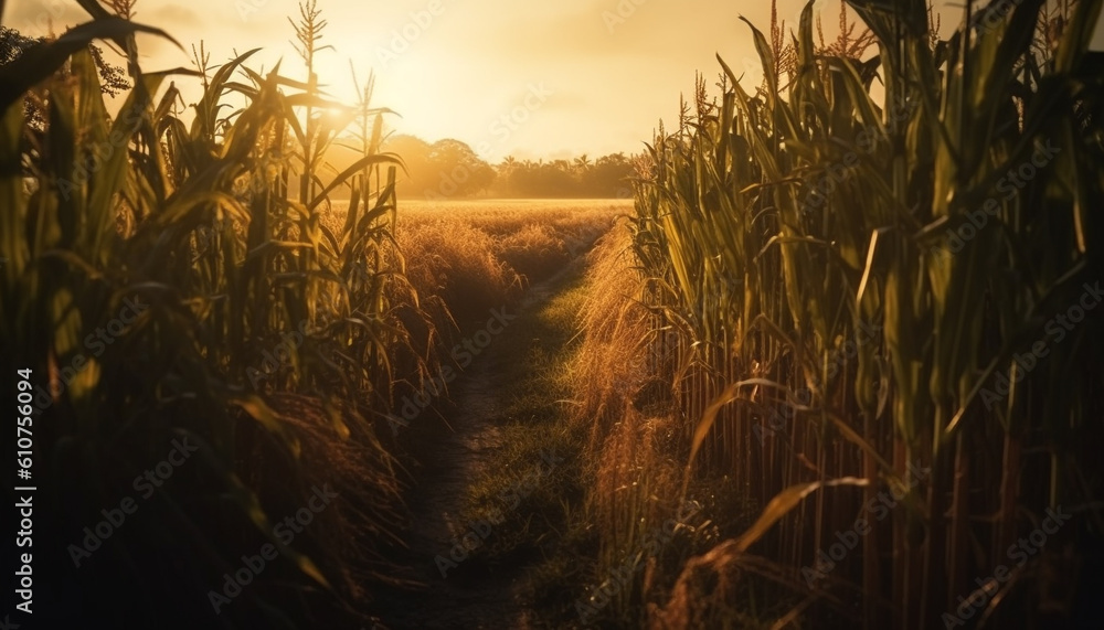 Golden wheat fields glow in tranquil sunset, nature harvest beauty generated by AI