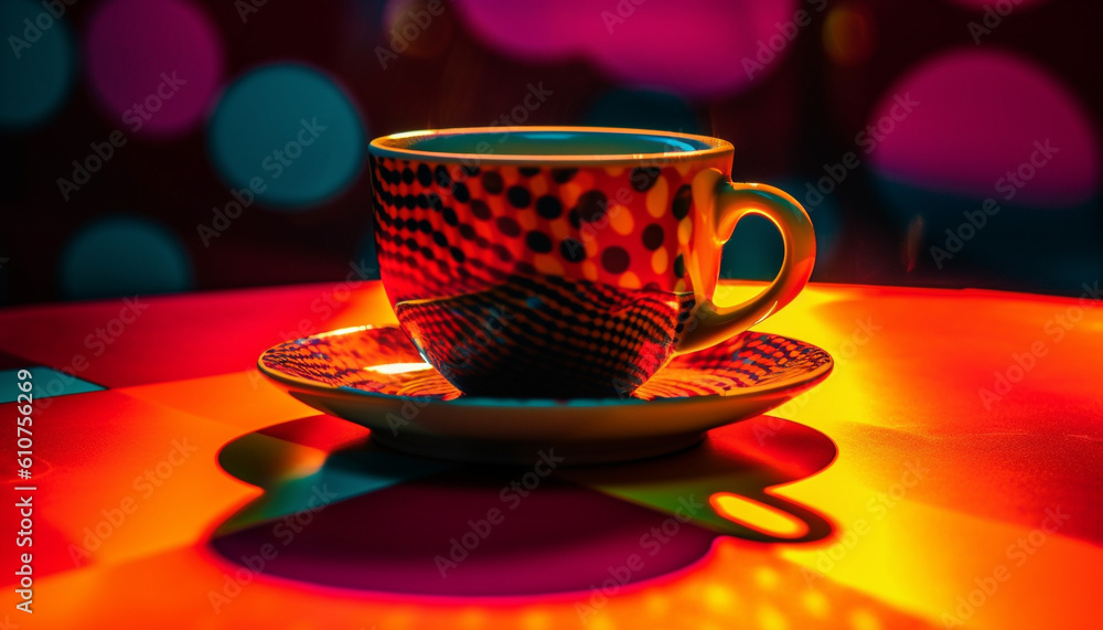 Coffee cup on table, heat rising, saucer, no people, relaxation generated by AI