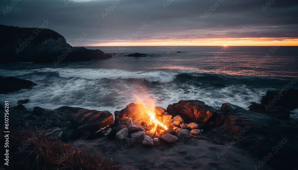 Tranquil seascape at dusk horizon over water, natural beauty generated by AI