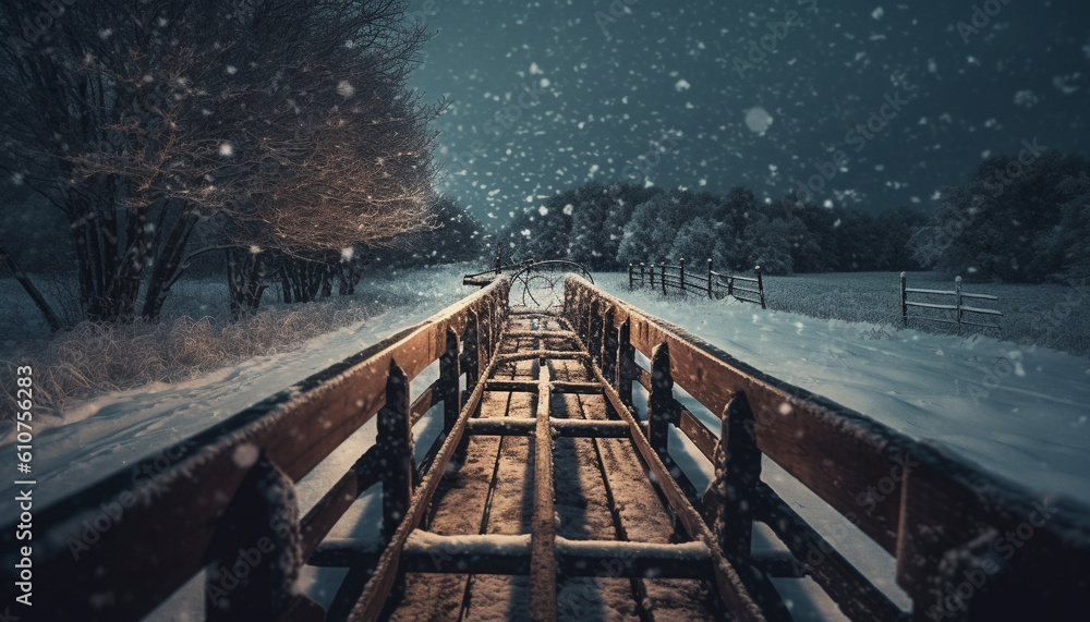 Winter landscape snow covered forest, tranquil scene, man made bridge generated by AI