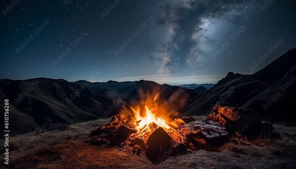 Hiking through the mountain range, camping under the Milky Way generated by AI