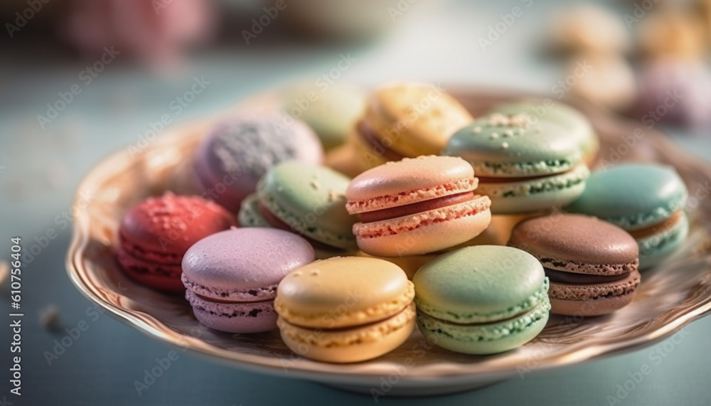 A close up of a multi colored macaroon stack, a French indulgence generated by AI